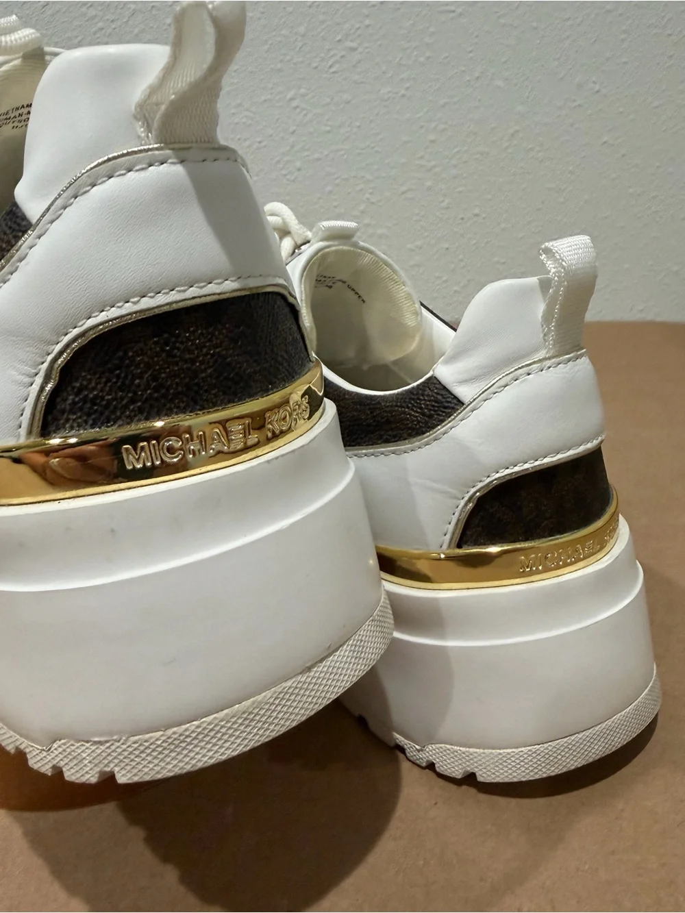 Michael Kors White Brown MK Logo Monogram Chunky Sneakers Gold Studs – Women’s 8